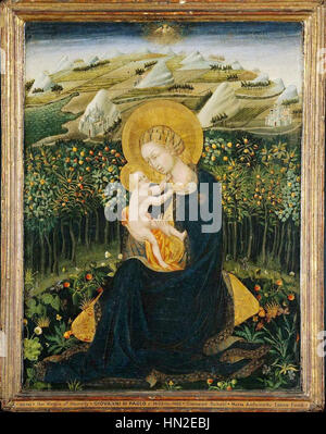 Giovanni di Paolos „Madonna der Demut“ zeigt die auf dem Boden sitzende Jungfrau Maria in bescheidener Pose und betont ihre Bescheidenheit. Das Werk, das im Boston Museum of Fine Arts untergebracht ist, ist bekannt für seine Verwendung von lebhaften Farben und detaillierten gotischen Stilen, die mittelalterliche religiöse Kunst widerspiegeln. Stockfoto