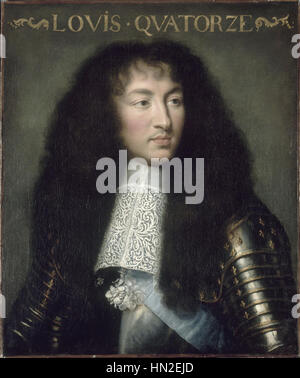 Ludwig XIV., bekannt als Sonnenkönig, war von 1643 bis 1715 König von Frankreich. Seine Herrschaft ist bekannt für seine absolute Monarchie, die Expansion des französischen Einflusses in Europa und die Errichtung des Schlosses von Versailles als Symbol der königlichen Macht. Stockfoto