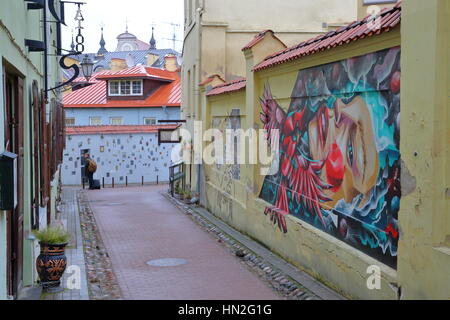 VILNIUS, Litauen - 2. Januar 2017: Literatu Straße mit Zeichnungen und Gemälde von lokalen Künstlern, Schriftstellern, Vergangenheit und Gegenwart zu feiern Stockfoto