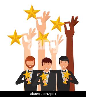 Hände halten, dass eine goldene Sterne und Gruppe von Schauspielern mit Sterne Trophäen auf weißem Hintergrund. farbenfrohes Design. Schauspieler-Auszeichnungen-Konzept. Vektor-illustration Stock Vektor