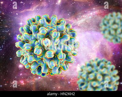 Hepatitis B-Virus-Partikel. Computer Illustration das Kapsid des Hepatitis B-Virus (HBV), mit Proteinen, die durch farbige Blobs dargestellt. Das Kapsid ist ein Protein-Mantel, der das Virusgenom DNA (Desoxyribonukleinsäure) umschließt. HBV verursacht Hepatitis B, eine Krankheit gekennzeichnet durch eine Entzündung der Leber, was zu einer Leberzirrhose, Krebs und Tod führen kann. Stockfoto