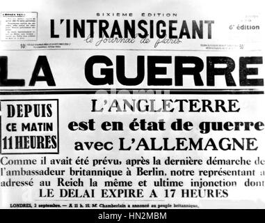 Titelseite der "L'Intransigeant" Zeitung angekündigt, dass England den Krieg 1939 Frankreich - Weltkrieg Einzug hält Stockfoto