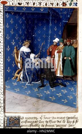 Chroniken von Saint Denis, Miniatur von Jean Fouquet Karl v. gibt Bertrand Du Guesclin das Constable Schwert am 2 Oktober 1370 15. Jahrhundert Frankreich Stockfoto