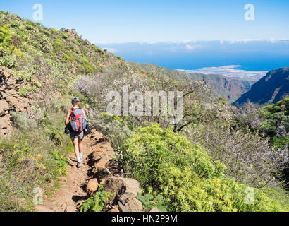 Weibliche Wanderer in Barranco Guayadeque mit Almon Bäume in Blüte auf Gran Canaria, Kanarische Inseln, Spanien. Flughafen und Küste entfernt. Stockfoto