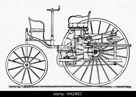 Eine frühe Benz Patent-Motorwagen, das erste Automobil (1885 – 1886).   Aus Meyers Lexikon veröffentlicht 1927. Stockfoto