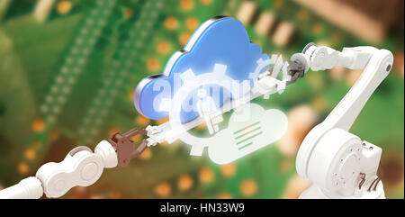 Digitales Bild der Wolke mit Gängen gegen grüne Leiterplatte Stockfoto