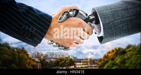 Bild der Geschäftsmann schütteln Hand des Roboters gegen Lichtspuren auf Stadt Straße 3d beschnitten Stockfoto