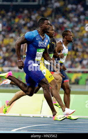 Rio De Janeiro, Brasilien. 13. August 2016. Justin Gatlin (USA) im Wettbewerb mit den Herren 100m Halbfinale bei den Olympischen Sommerspielen 2016. © Paul J. Sutton / Stockfoto