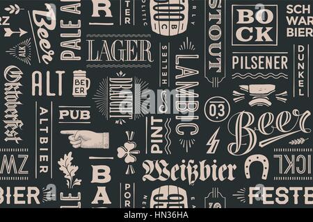 Nahtlose Muster mit Biersorten und handgezeichneten Schriftzug Stock Vektor