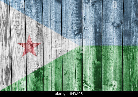 Flagge Dschibutis Inseln auf verwittertem Holz Stockfoto