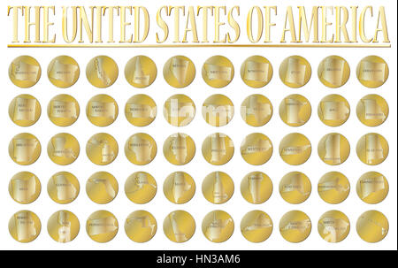 50 Goldmünzen für die 50 Staaten der USA isoliert auf weißem Hintergrund Stockfoto