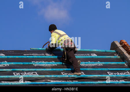 Dachdecker, Arbeiter bei New Build Redrow Homes im Bau mit Protect Wunderlay Filz und Schlagstöcken, Buckshaw, Chorley Lancashire, Großbritannien Stockfoto