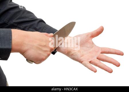 Nahaufnahme einer selbstmörderischen Geschäftsmann Hand auf isolierte Hintergrund Stockfoto