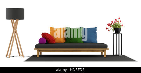 Holzsofa mit bunten Kissen, Stehlampe und Blume isoliert auf weiss - 3d rendering Stockfoto