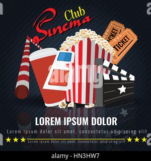 Schöne Super Trendy Kino Plakat mit handschriftlichen Kalligraphie. Popcorn-Schale, Einweg-Becher für Getränke mit Strohhalm, Ticket, 3d Brille. Kino-attrib Stock Vektor