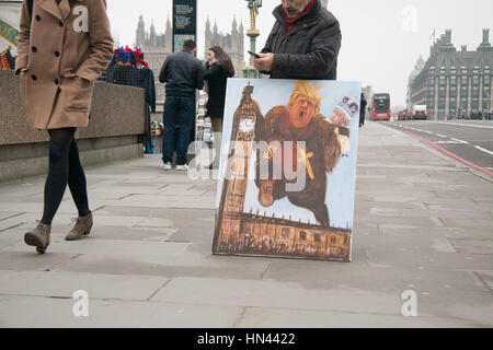 London, UK. 8. Februar 2017. Politische Satiriker Kaya Mar hält ein Gemälde auf Westminster Bridge als britische Abgeordnete des Parlaments für eine endgültige Abstimmung über den Gesetzentwurf Austritt auf das House Of Commons Guthaben festgelegt: Amer Ghazzal/Alamy Live-Nachrichten Stockfoto