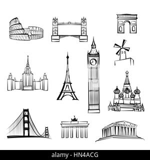Welt Sehenswürdigkeiten Symbole weltberühmten Wahrzeichen der Stadt travel Icon Set doodle graviert Sehenswürdigkeiten in London, Rom, Berlin, Athen, Moskau, sa Stock Vektor