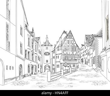 Straße mit alten Gebäuden und Cafe in der Altstadt. das Stadtbild - Häuser, Gebäude und Baum auf der Gasse. Die Altstadt. mittelalterlichen europäischen schloss Landschaft. Stock Vektor