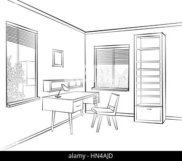 Home Innenausbau palce Möbel mit Stuhl, Sessel, Tisch, Regal, Fenster. office Design. graviert Handzeichnung workpalce farbige Vektor illu Stock Vektor