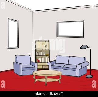 Home Inneneinrichtung mit Sofa, Sessel, Tisch, Stehlampe, Bücherregal, Bücher und Bild an der Wand. Wohnzimmer und Zeichnung Design. Stock Vektor