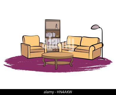 Home Inneneinrichtung mit Sofa, Sessel, Tisch, Stehlampe, Bücherregal, Bücher und Bild an der Wand. Wohnzimmer und Zeichnung Design. Stock Vektor