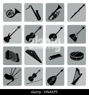 Musikinstrumente Icon Set. Folk, Klassik, Jazz, Ethno, Rock Musik Symbole Stock Vektor