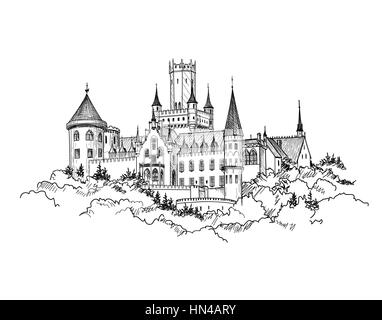 Berühmte Schloss Marienburg, Niedersachsen, Deutschland. Schloss Gebäude Landschaft. Hand gezeichnete Skizze Vector Illustration. Stock Vektor