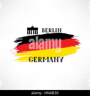 Grunge lackiert deutsche Fahne Skizze mit Hand gezeichnet Schriftzug und das Brandenburger Tor. Berlin Deutschland tavel Zeichen auf weißem Vektor-illustration isoliert Stock Vektor