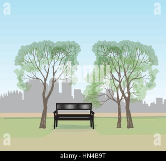 Sitzbank im City Park. Bäume und Pflanzen Skyline. Landschaft mit Sitzbank. stadtbild Vector Illustration Stock Vektor