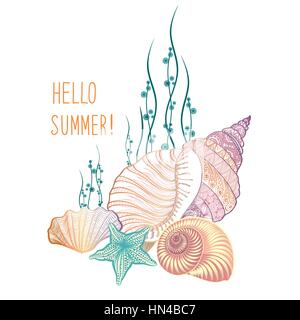 Abstrakte Sommer Hintergrund. Sommer Urlaub mit Meer Einwohner. Hallo Sommer Grußkarte. doodle Vector Illustration Stock Vektor