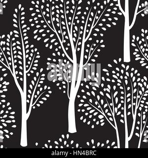 Natur nahtlose Muster. Wald Fliesen- Hintergrund. Bäume und Vögel Wildtiere Vector Illustration. Blumen schwarze und weiße Tapeten Stock Vektor