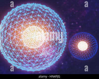 Kern des Atoms nuklearen explodieren Ray Strahlung Licht Wissenschaft 3D Illustration abstrakt Unschärfe Hintergrund. Stockfoto