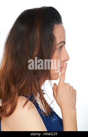 Frau für Stille isoliert auf weiss Stockfoto