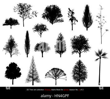 Silhouette Schatten schwarzen Baum oder alpha-Maske Baum Wintersaison eingestellt für Landschafts-Architektur-Design, 3D Baum auf weißen Nr. 2 isoliert Stockfoto