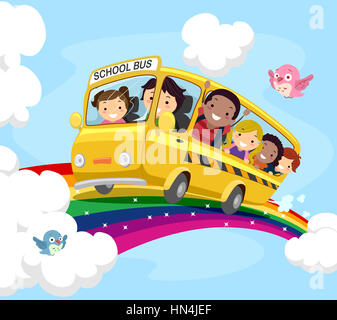 Stickman Illustration von Kindern auf einen Schulbus fahren über den Regenbogen Stockfoto