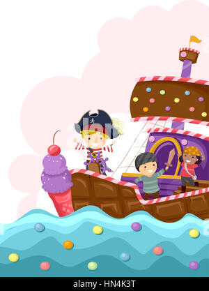 Stickman Illustration von Kindern in ein Bonbon bedeckt Piratenschiff Stockfoto