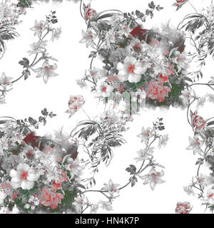 Aquarell Bild der Blätter und Blumen, nahtlose Muster auf weißem Hintergrund Stockfoto