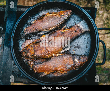 Kochen frischen Fisch BBQ mit eine leckere knusprige Kruste in einer gusseisernen Pfanne über dem offenen Feuer gebraten Stockfoto