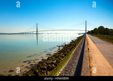 Die Pont de Normandie ist eine Schrägseilbrücke über den Fluss Seine, Le Havre nach Honfleur in der Normandie, Nordfrankreich verbindet. Stockfoto