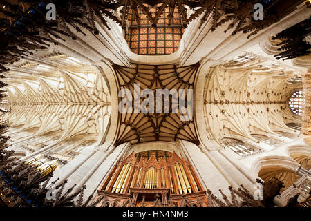 Winchester, Hampshire, UK - 15. Mai 2014: Fisheye Blick auf die gewölbte Decke und die Orgel in der Winchester Cathedral. Stockfoto