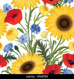 Florale nahtlose Muster. Blüte Mohn-, Sonnenblumen-, kornblume weadow Hintergrund. geblümte Fliese ornamentale Textur mit Blumen. Sommer Garten blühen Stock Vektor