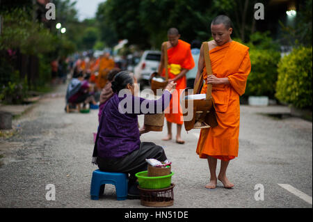 Buddhistische Mönche empfangen Nahrung von der örtlichen Bevölkerung, Laos Stockfoto