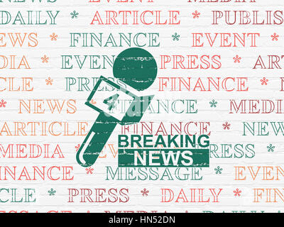 Aktuelles Konzept: malte grünen Breaking News und Mikrofonsymbol auf weiße Ziegel Wand Hintergrund mit Tag-Cloud Stockfoto