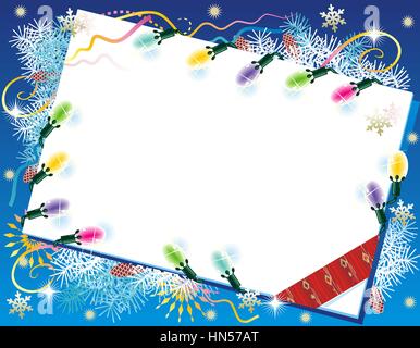 Weihnachten oder Neujahr Hintergrund mit leeren Brief oder Geschenk-Karte, Weihnachtsbeleuchtung, Tanne und Kiefer Äste, Sterne, Schneeflocken Stock Vektor