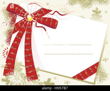 Weihnachten oder Neujahr Hintergrund mit leeren Brief oder Geschenk-Karte, Tanne und Kiefer Äste, rote Schleife, Schneeflocken Stock Vektor