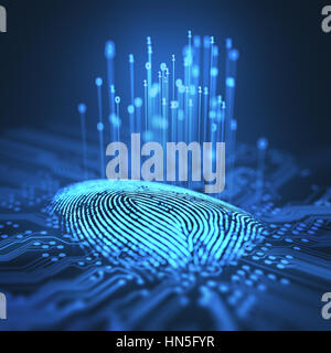 3D Illustration. Fingerabdruck in einer gedruckten Schaltung, Freigabe Binärcodes integriert. Stockfoto