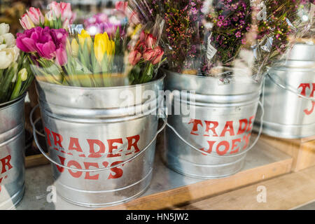 Fairfax, USA – 18. Januar 2017: Eimer Blumen mit Trader Joe es Anzeichen von außerhalb Store gesehen Stockfoto