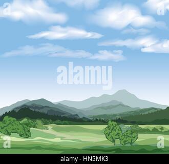 Ländliche Landschaft mit Bergen. Vektor auf die Landschaft mit Wald, Feld und Hügel Stock Vektor