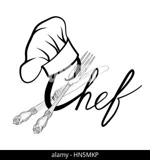 Koch hat mit Messer und Gabel hand Zeichnung Skizze label. Besteck icon Sammlung. Vektor catering Veranstaltungen im Freien und der Service im Restaurant Insignia. resta Stock Vektor