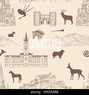 Reisen Schottland berühmte Städte Wahrzeichen mit handgefertigten Kalligraphie. Edinburgh, Glasgow, Aberdeen City nahtlose Muster für Ihr Design. architektonischen m Stock Vektor